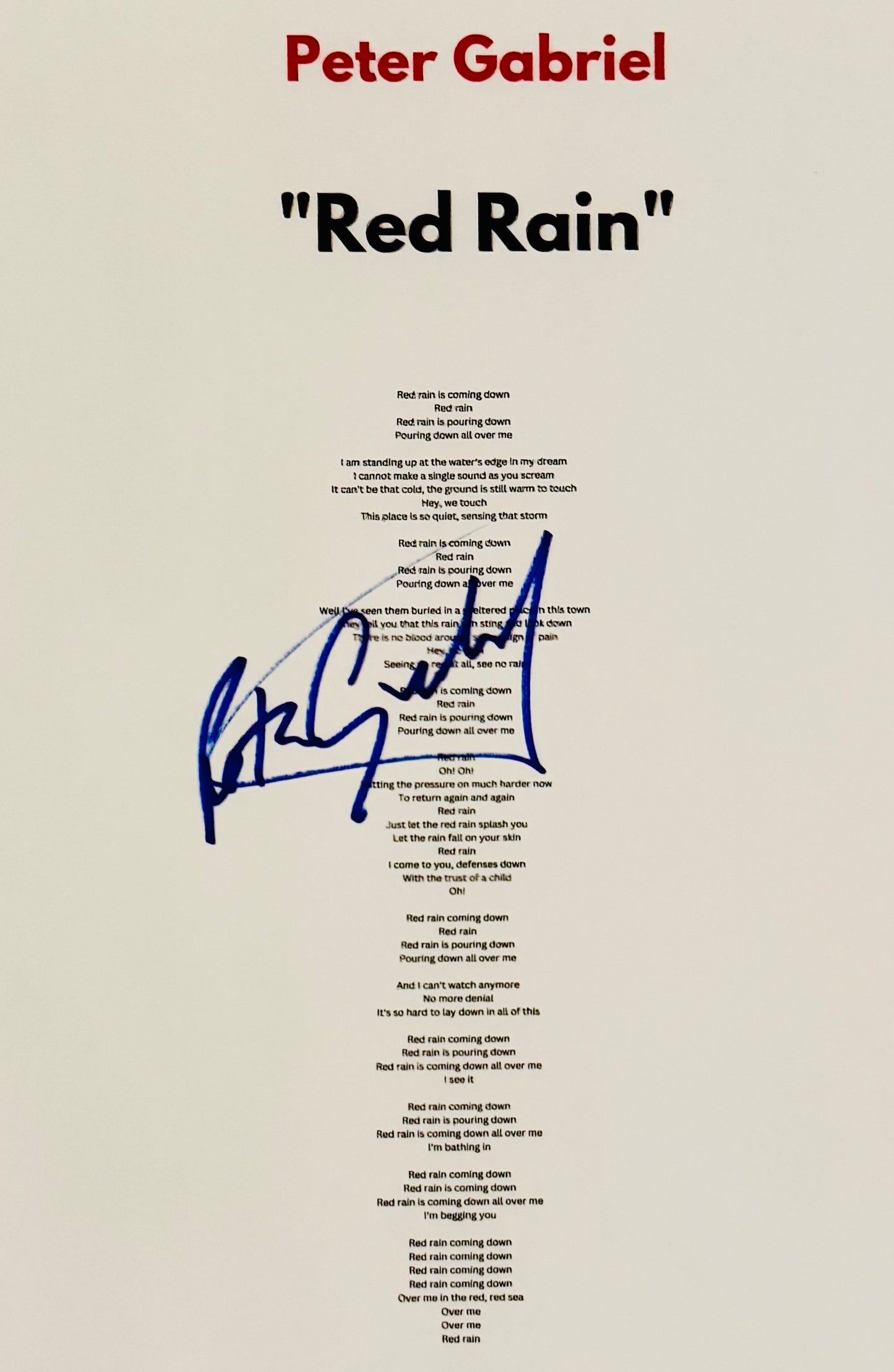 Peter Gabriel Autographed Lyric Sheet With COA