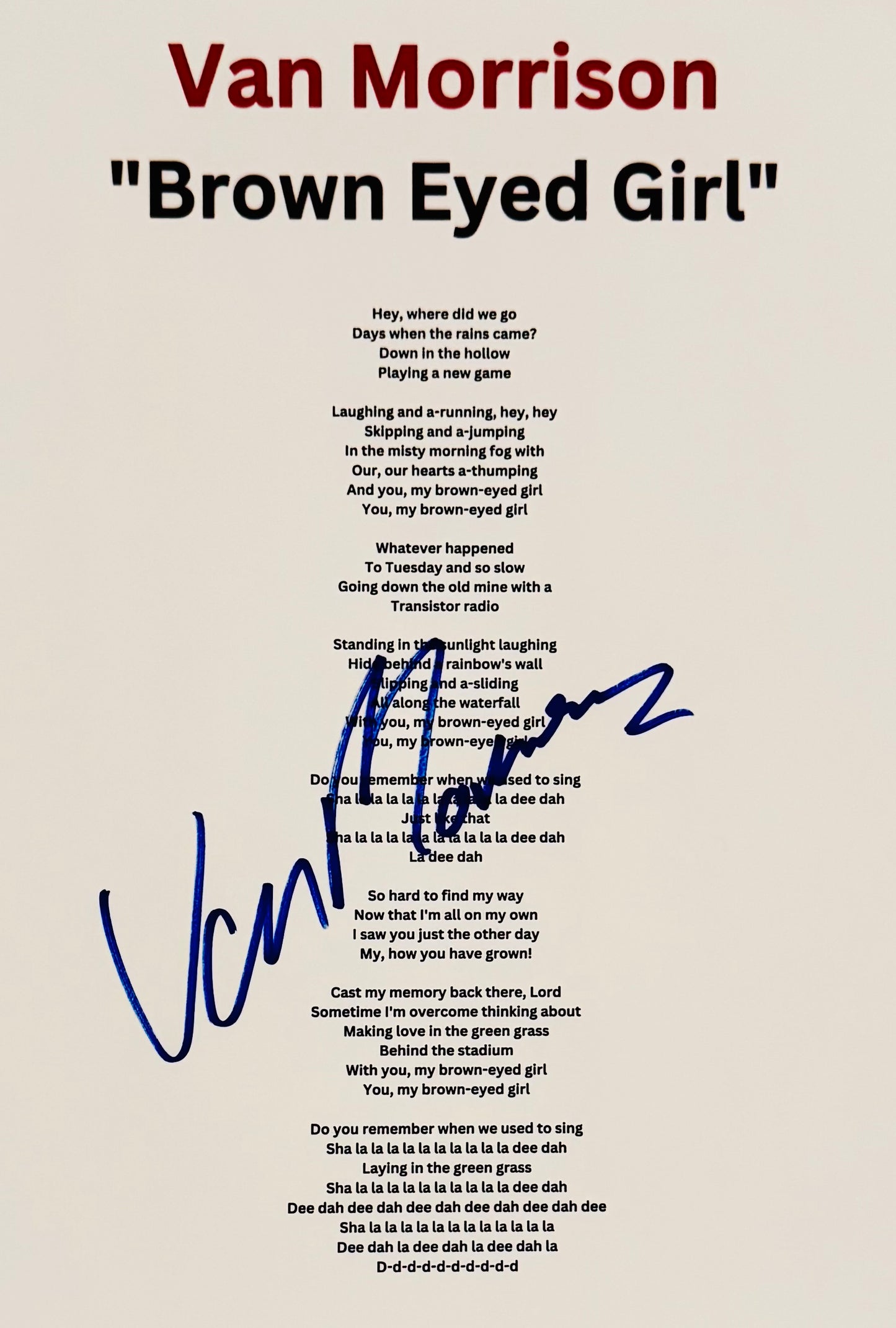 Van Morrison Autographed Lyric Sheet With COA
