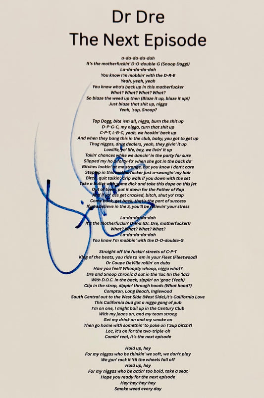 Dr Dre Autographed Lyric Sheet With COA