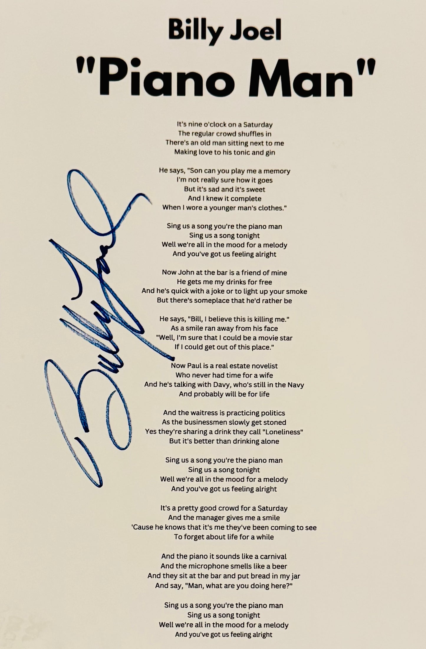 Billy Joel Autographed Lyric Sheet With COA