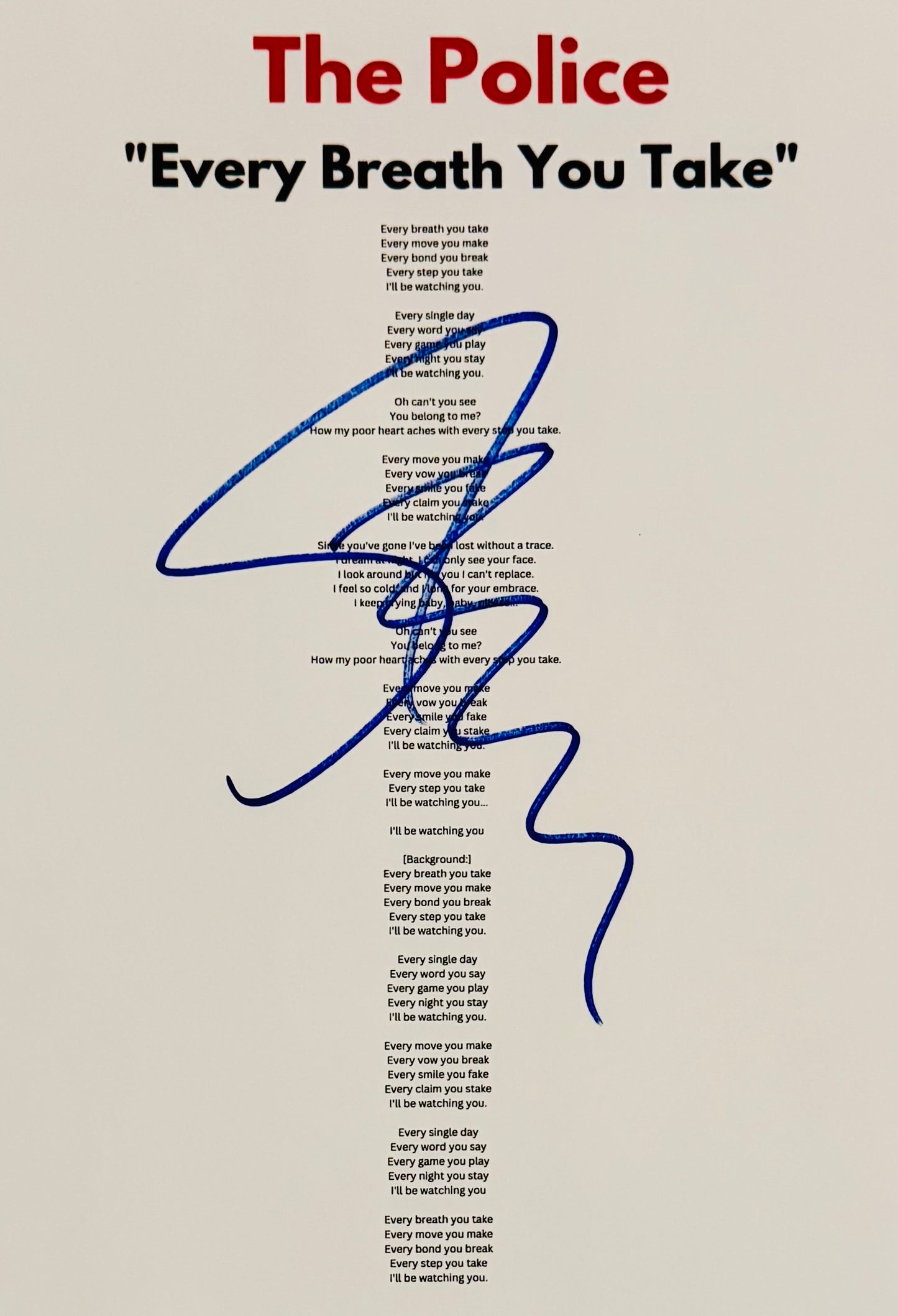 The Police Sting Autographed Lyric Sheet With COA