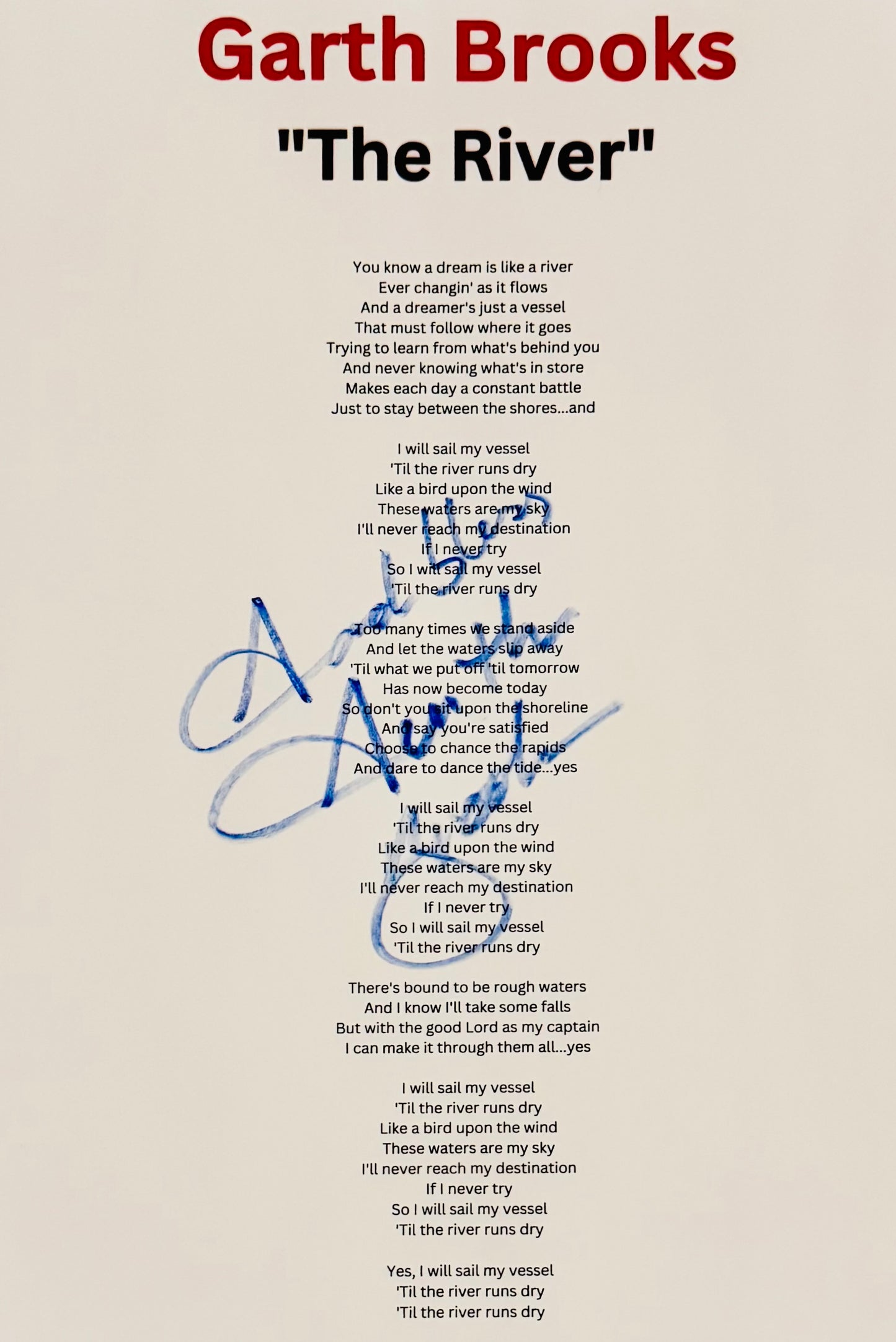 Garth Brooks Autographed Lyric Sheet With COA