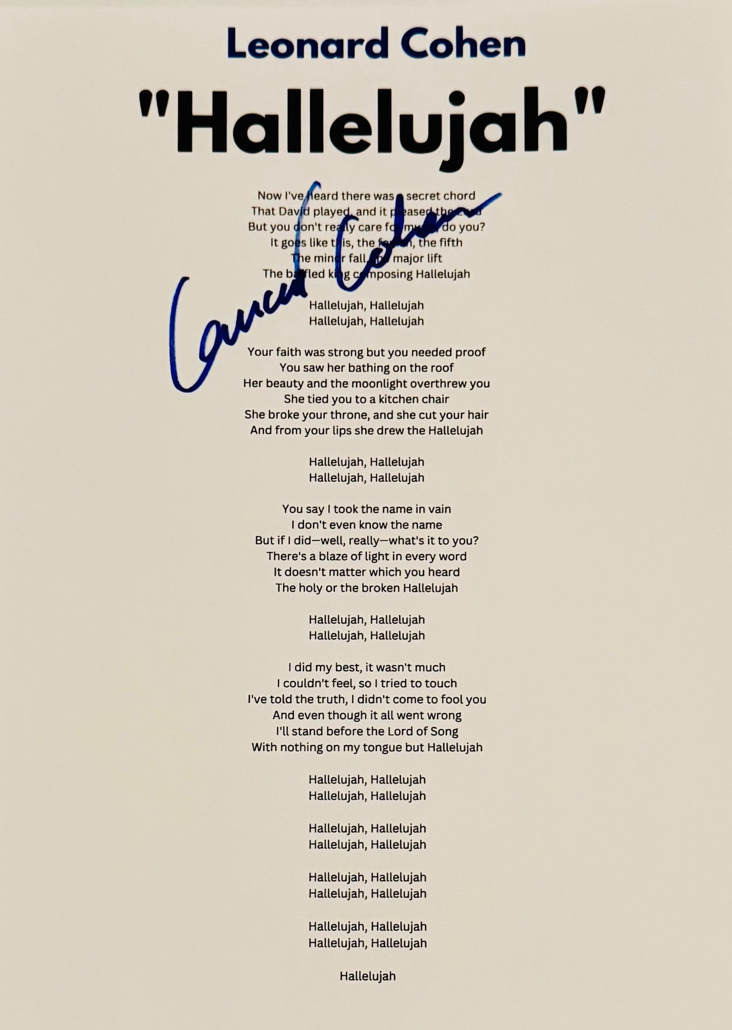 Leonard Cohen Autographed Lyric Sheet With COA