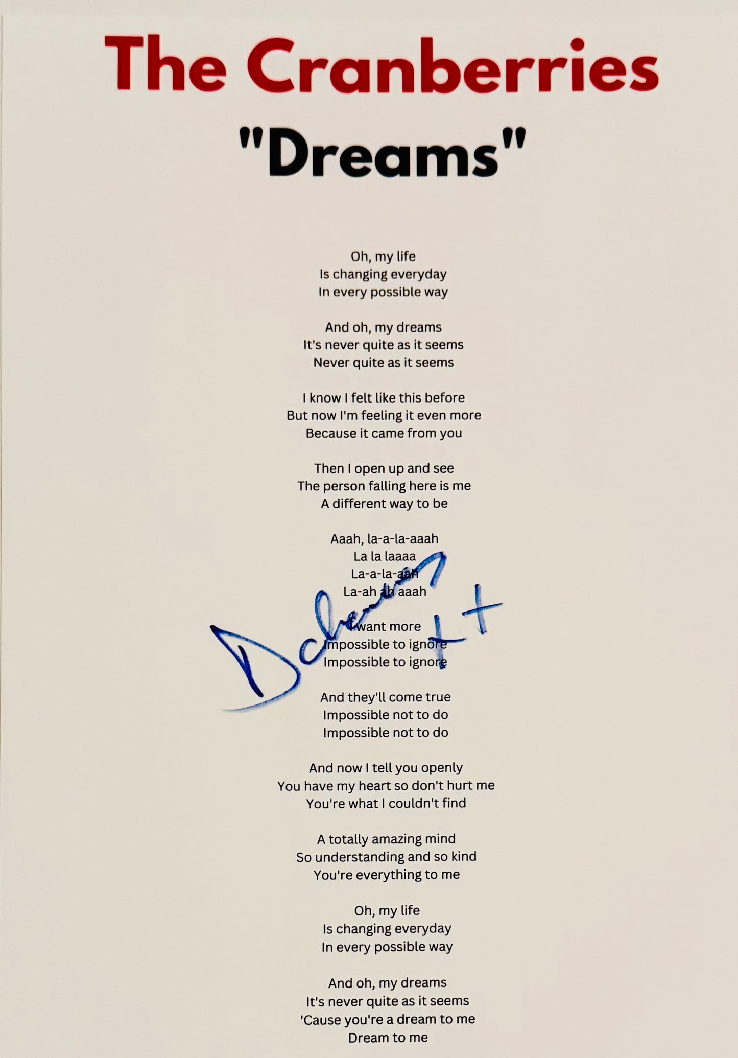 Dolores O'Riordan The Cranberries Autographed Lyric Sheet With COA