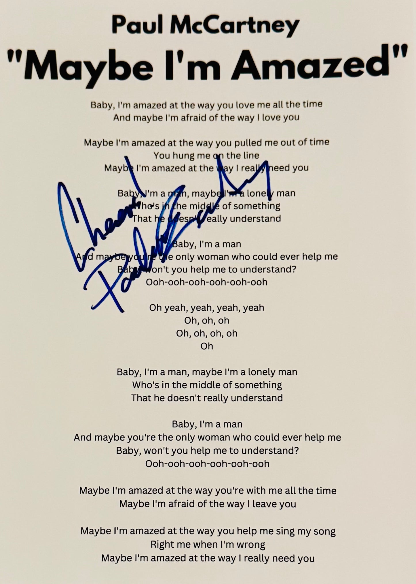 Paul McCartney Autographed Lyric Sheet With COA