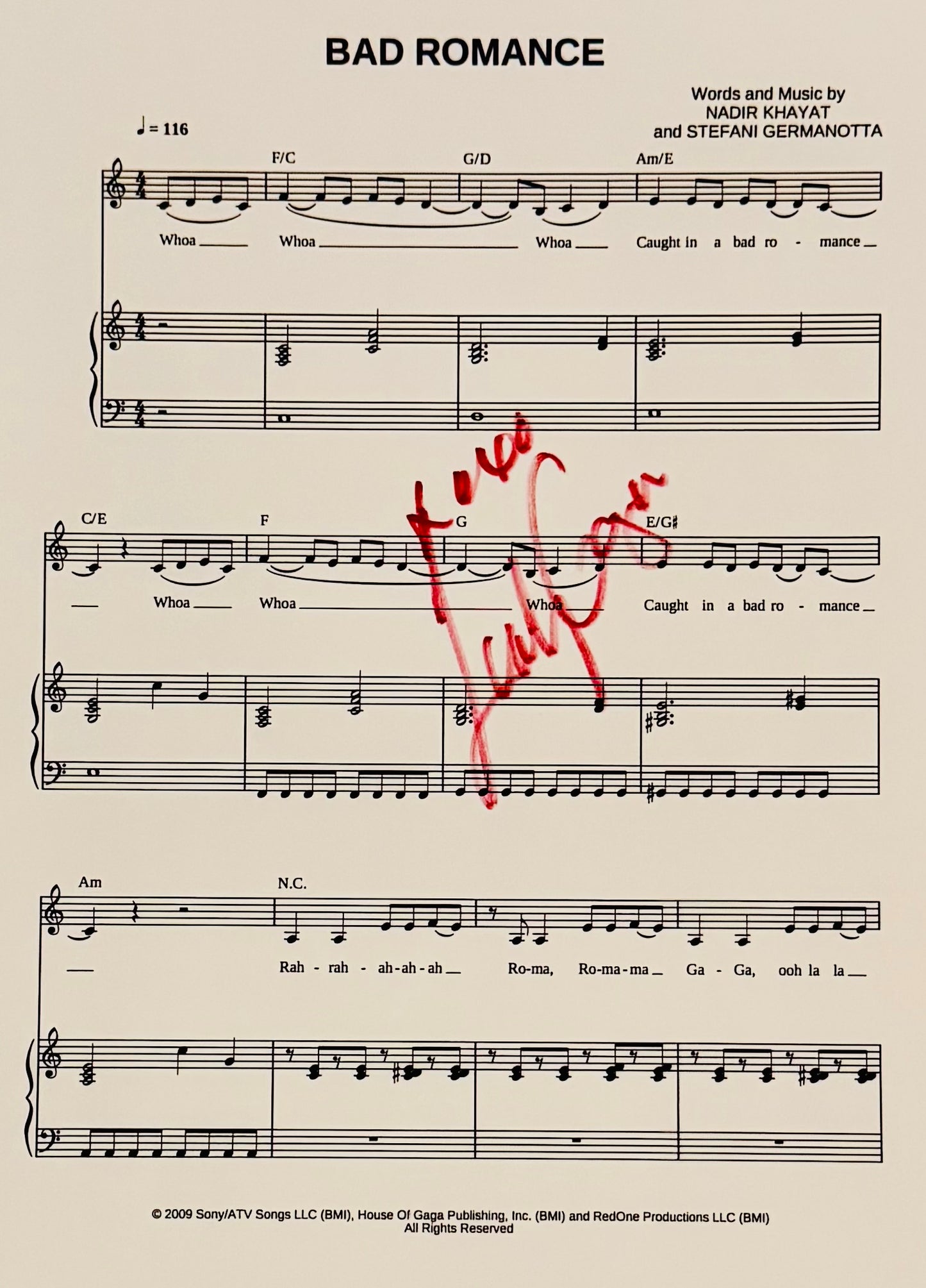 Lady Gaga Autographed Sheet Music With COA