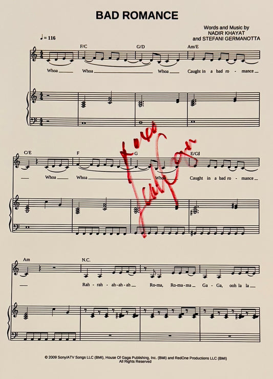 Lady Gaga Autographed Sheet Music With COA