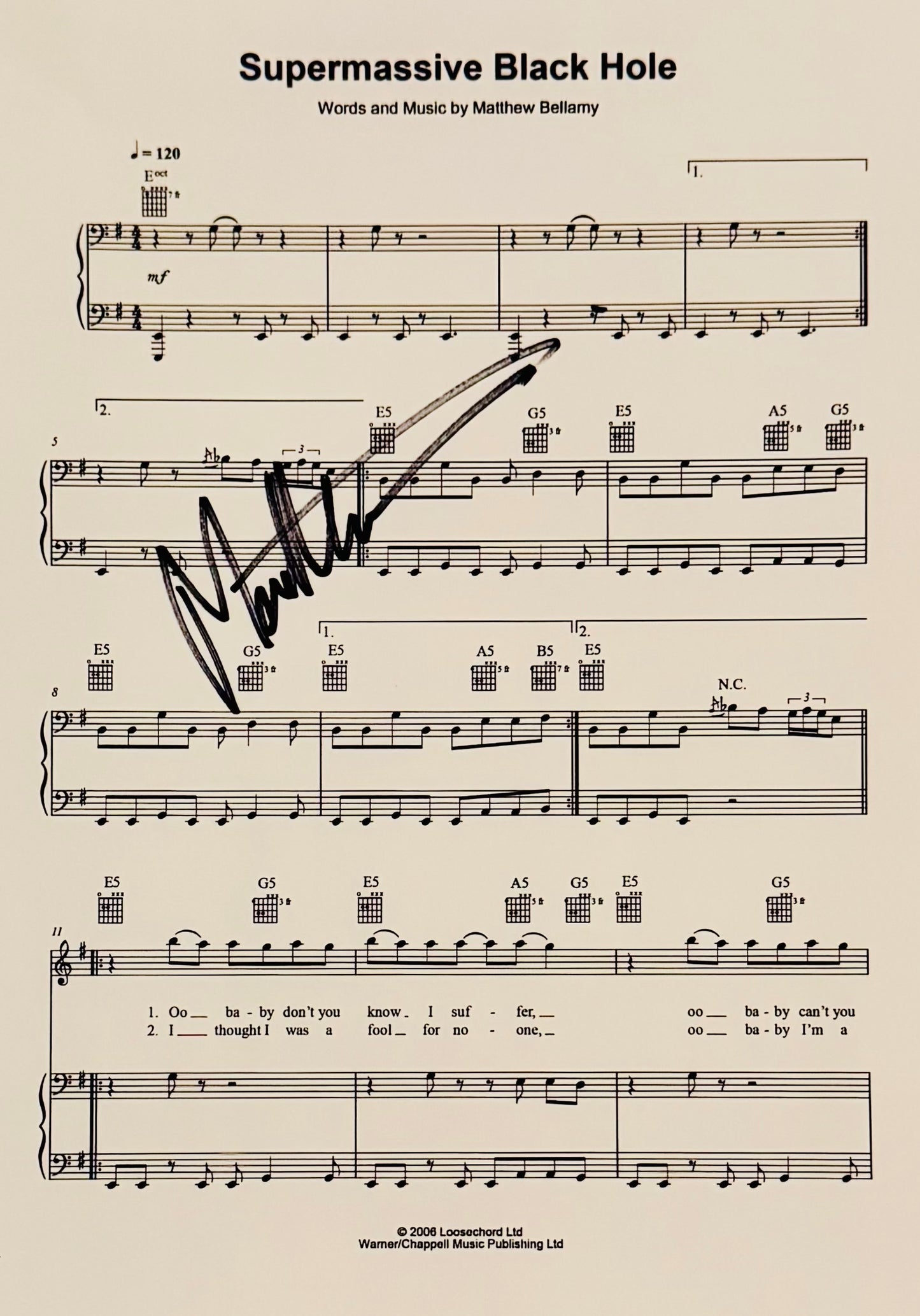 Matt Bellamy Muse Autographed Sheet Music With COA