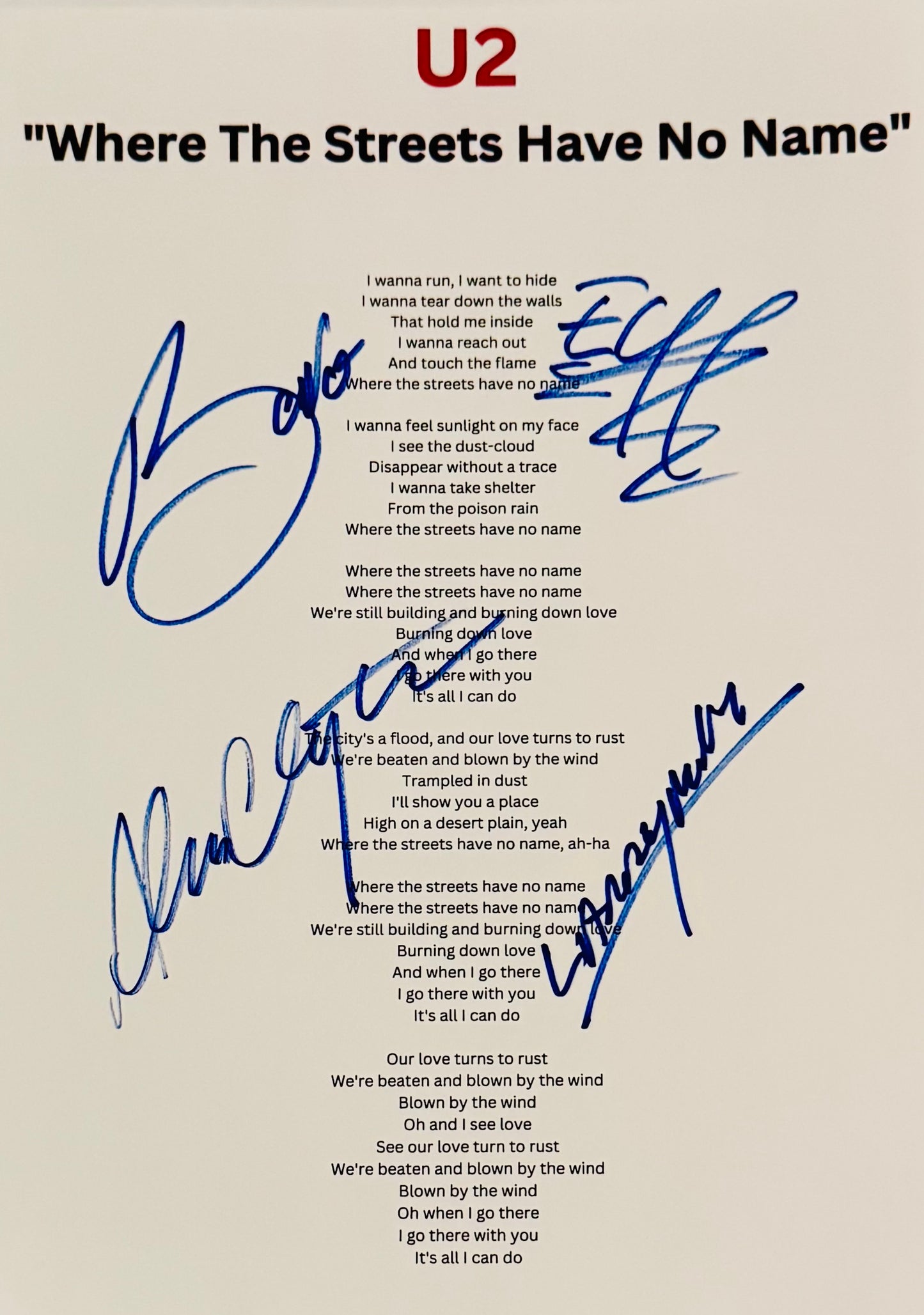 U2 Autographed Lyric Sheet With COA