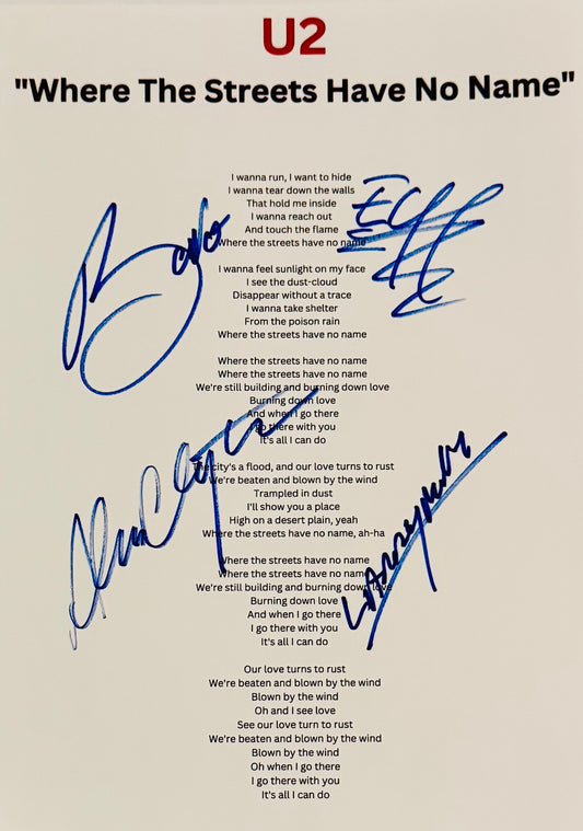 U2 Autographed Lyric Sheet With COA
