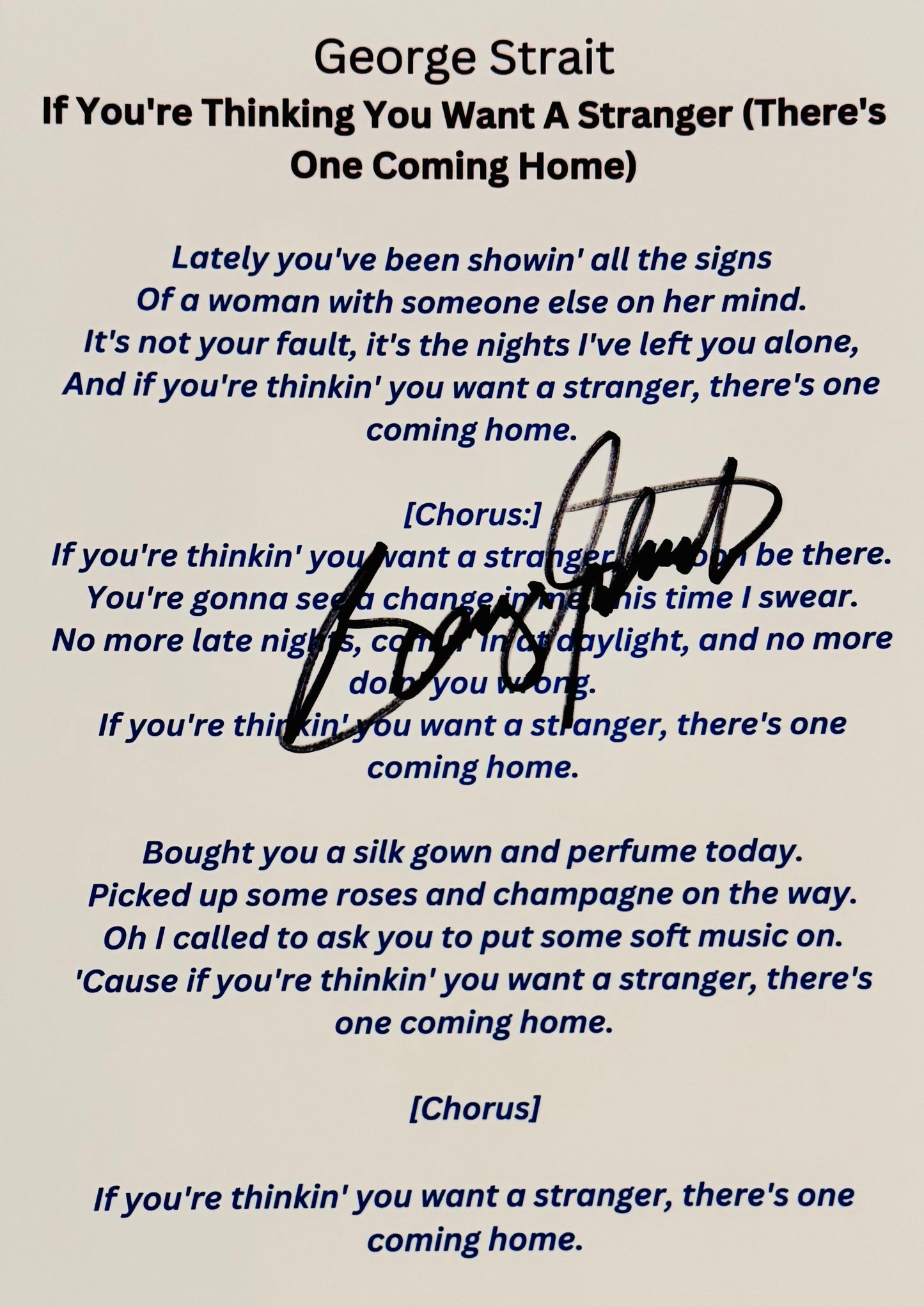 George Strait Autographed Lyric Sheet With COA