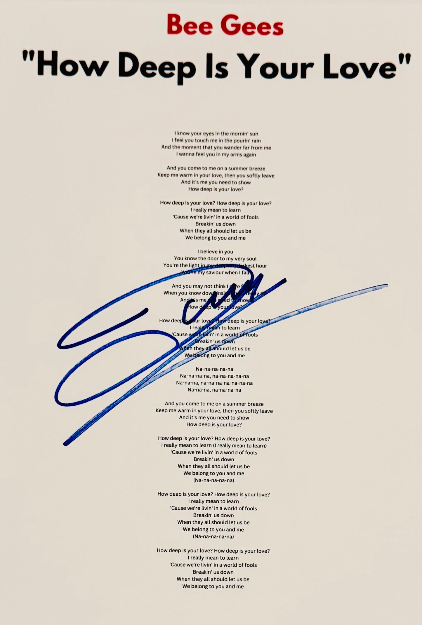 Barry Gibb Bee Gees Autographed Lyric Sheet With COA