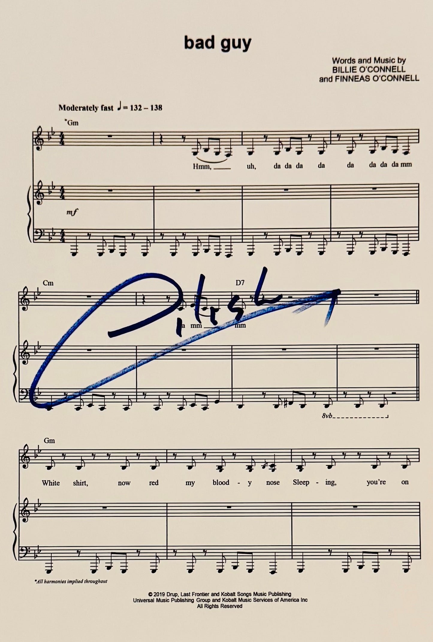 Billie Eilish Autographed Sheet Music With COA