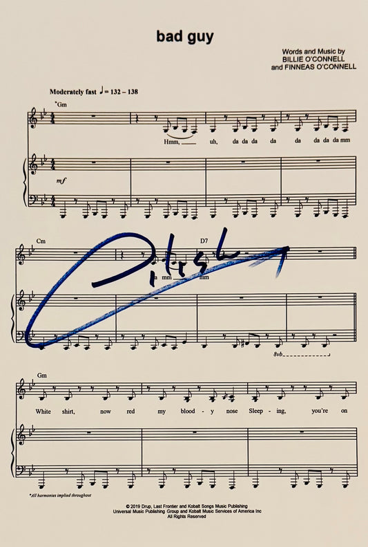 Billie Eilish Autographed Sheet Music With COA